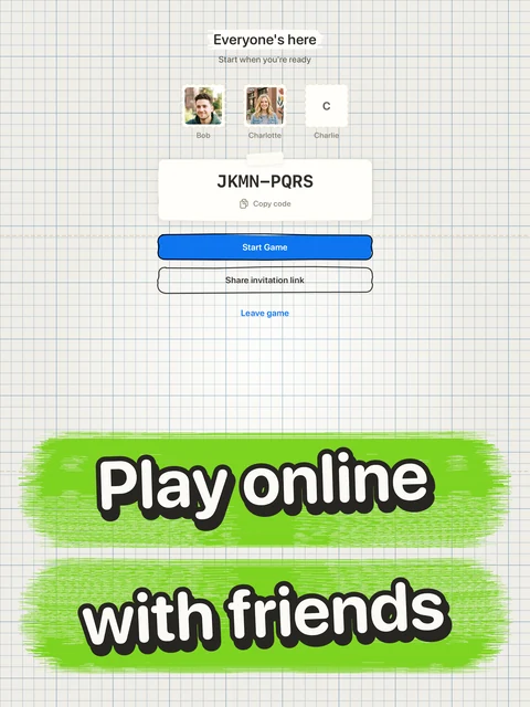 An online game lobby with three players and a join code.
