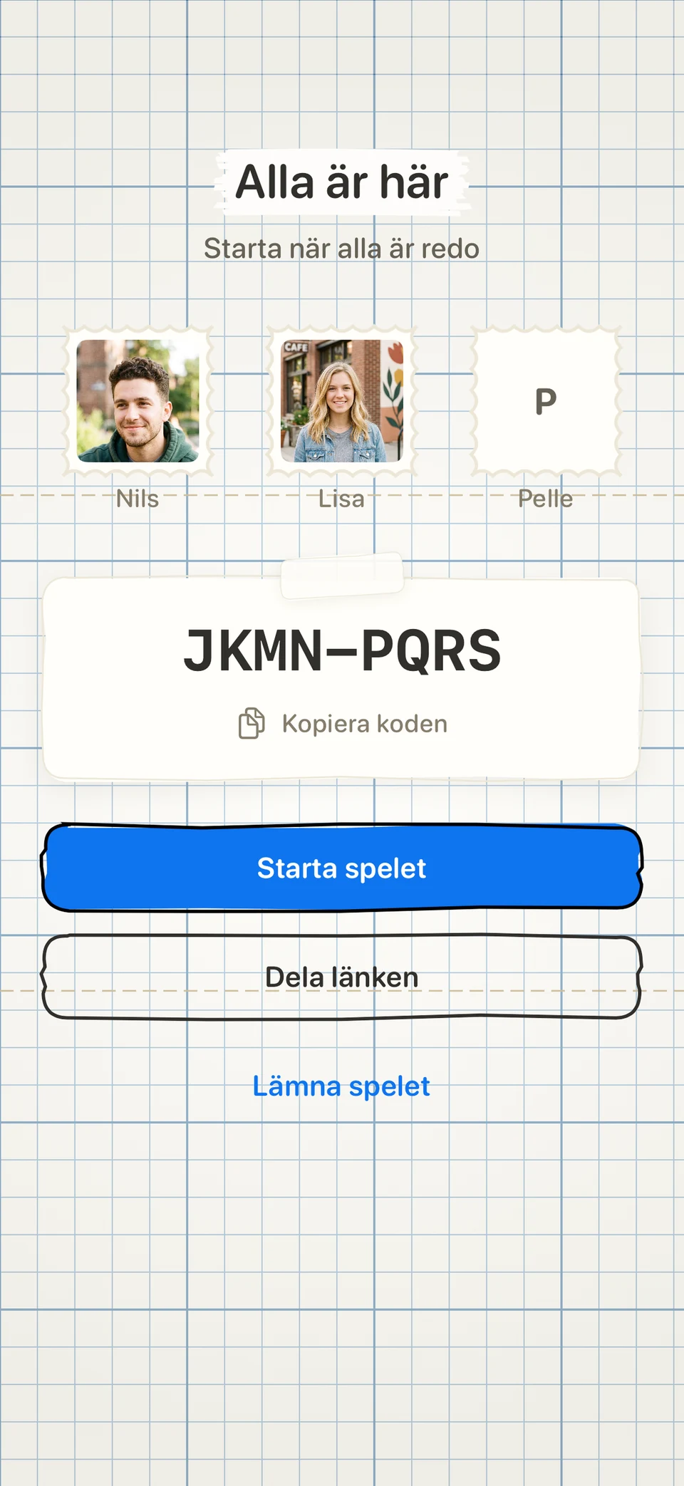 En spellobby online med tre spelare och en anslutningskod. (iPhone)