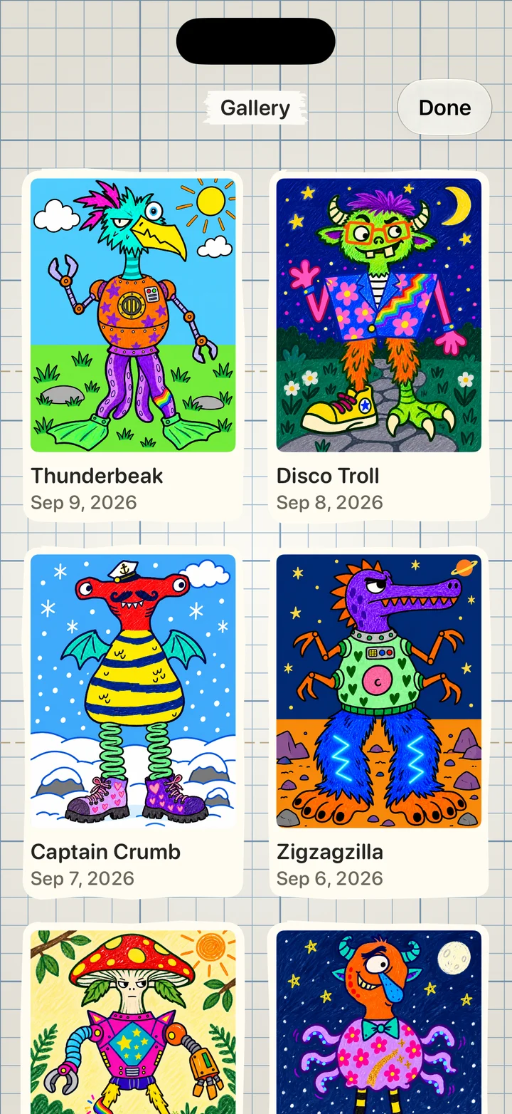 A gallery of completed monsters to keep and share.