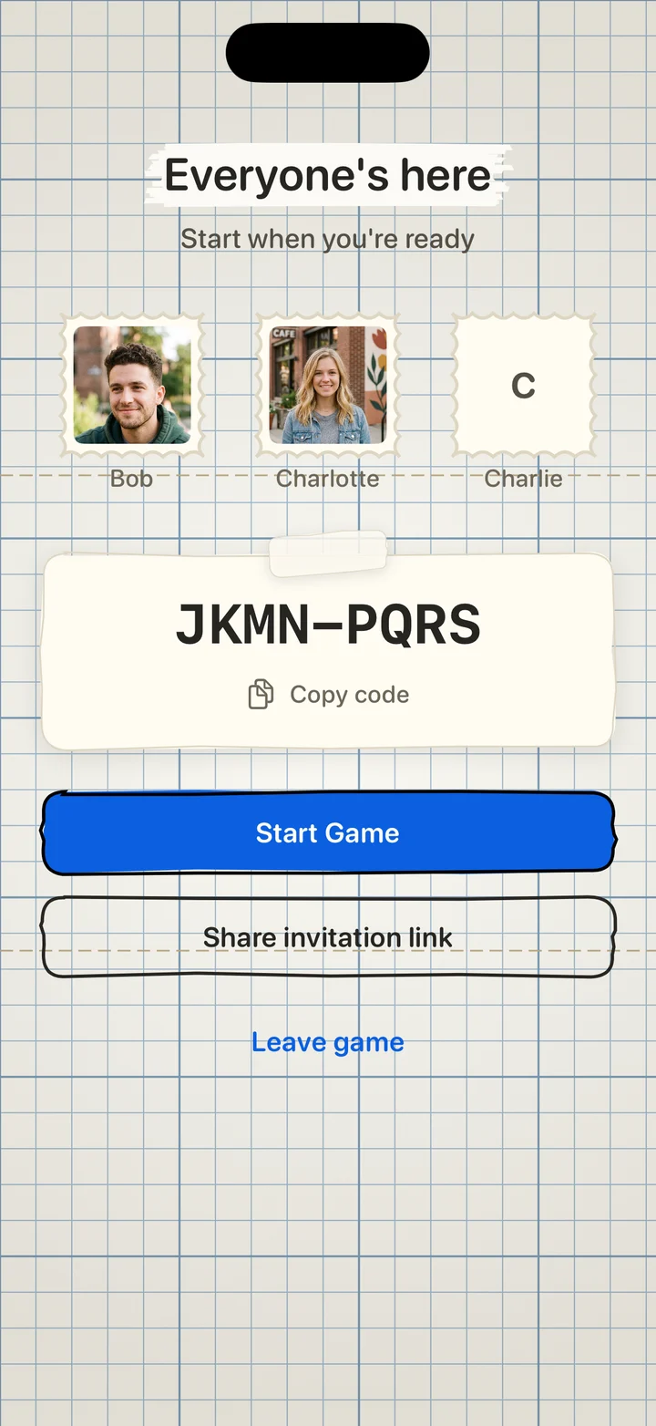 An online game lobby with three players and a join code.