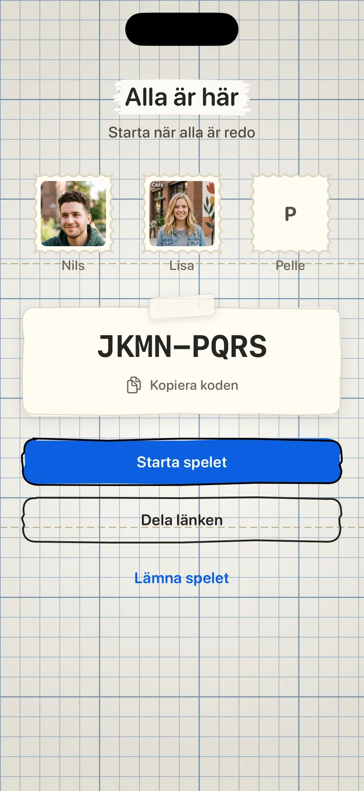 En spellobby online med tre spelare och en anslutningskod.